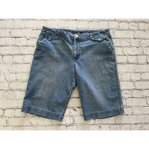 Vintage French Cuff Jean‎ Shorts Size12 Girlfriend Mid Rise Bermuda Blue Denim